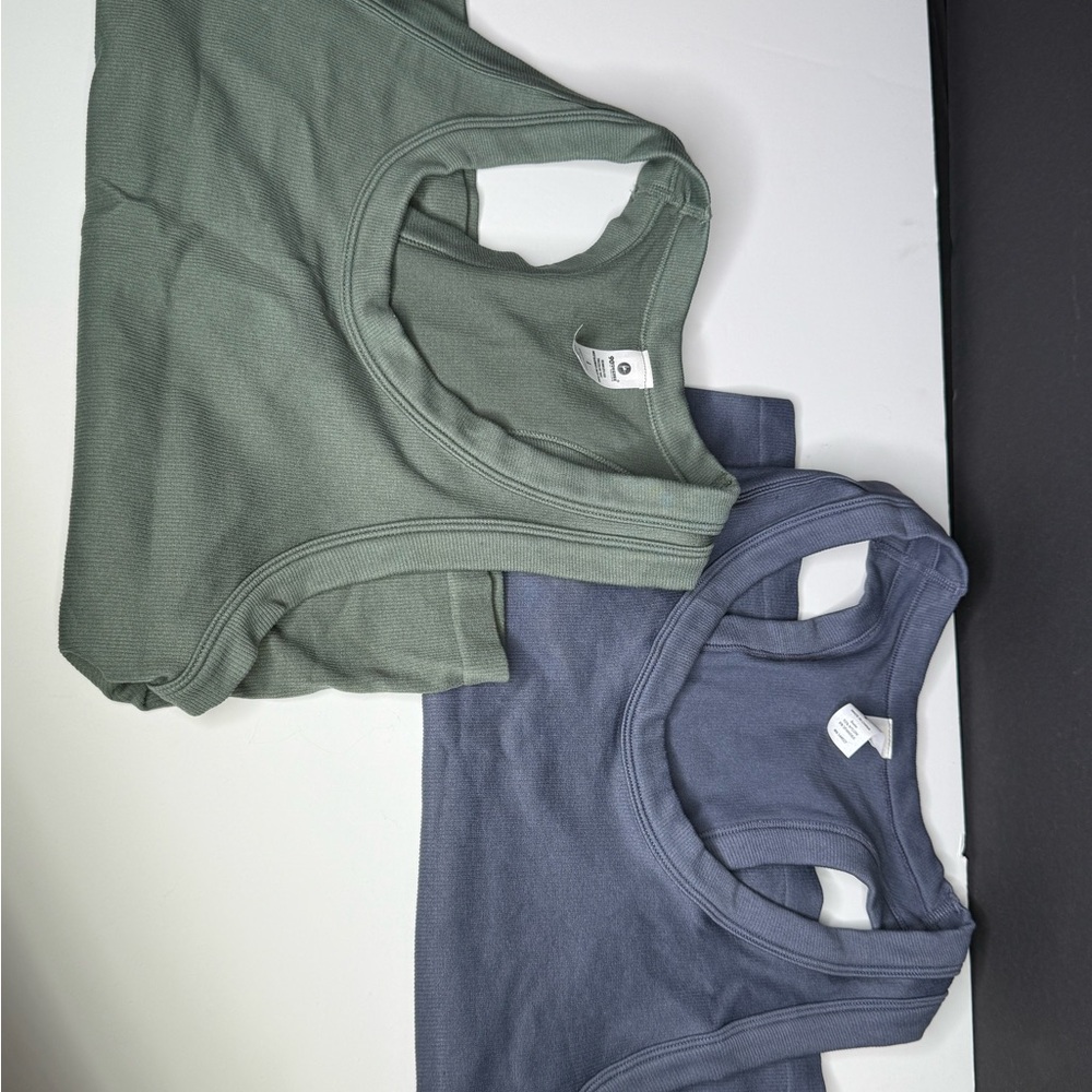 Ribbed slight crop racerback Tank Top - slate Blue and eucalyptus Green 2 for 1 - Picture 2 of 8